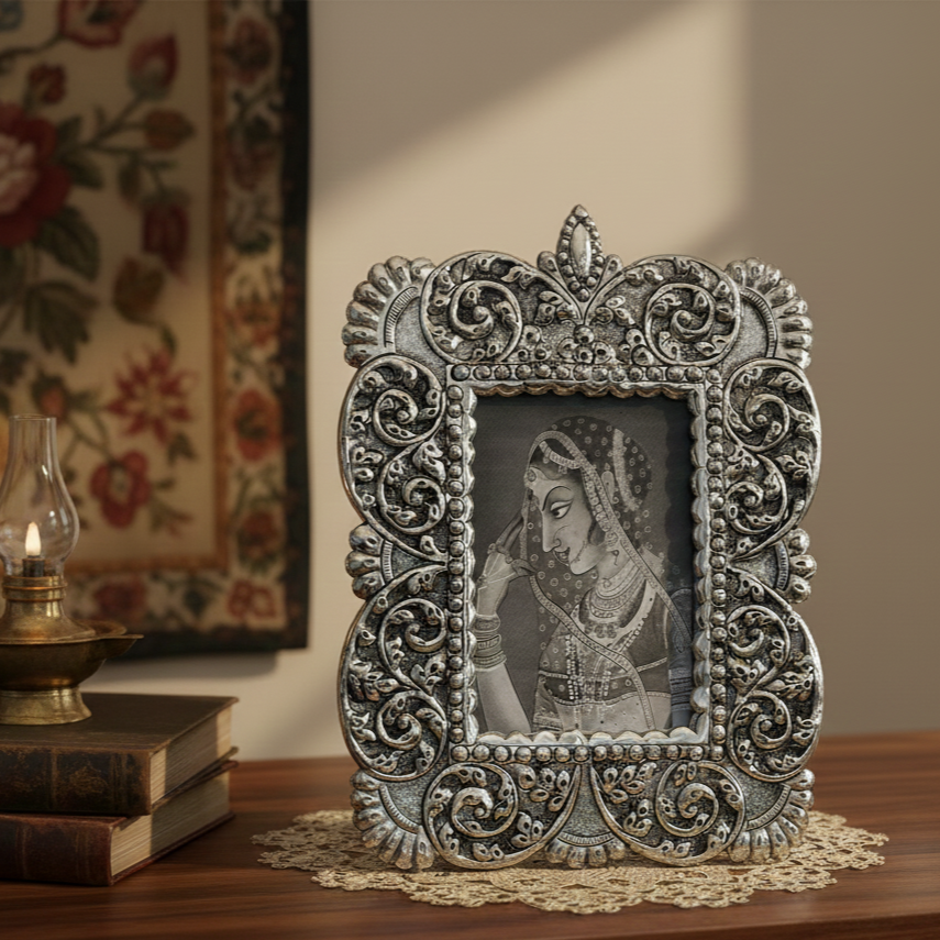 Antique silver handcrafted photo frame with intricate floral embossing placed on wooden console in luxury home interior