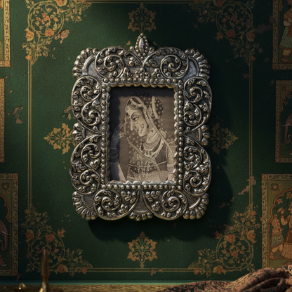 Handmade embossed antique silver photo frame with intricate floral detailing mounted on dark green heritage wall in luxury Indian home interior