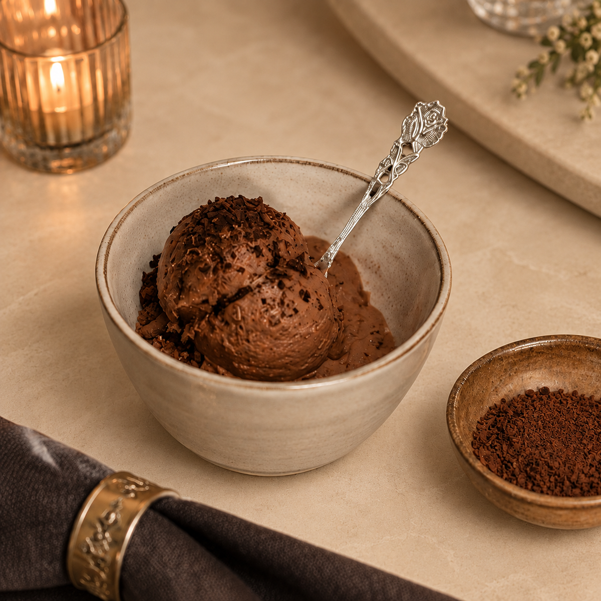 Handcrafted antique silver rose coffee spoon served with rich chocolate ice cream in a ceramic bowl on a warm beige Venetian seamless matte microcement table, styled for elegant luxury dining by Inara Home Decor.