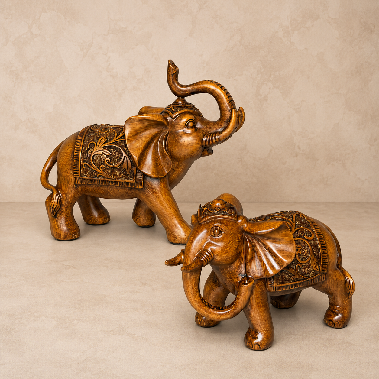 Premium handcrafted resin elephant sculpture set with antique wood finish, decorative carved elephants for luxury living room, console table and shelf décor.