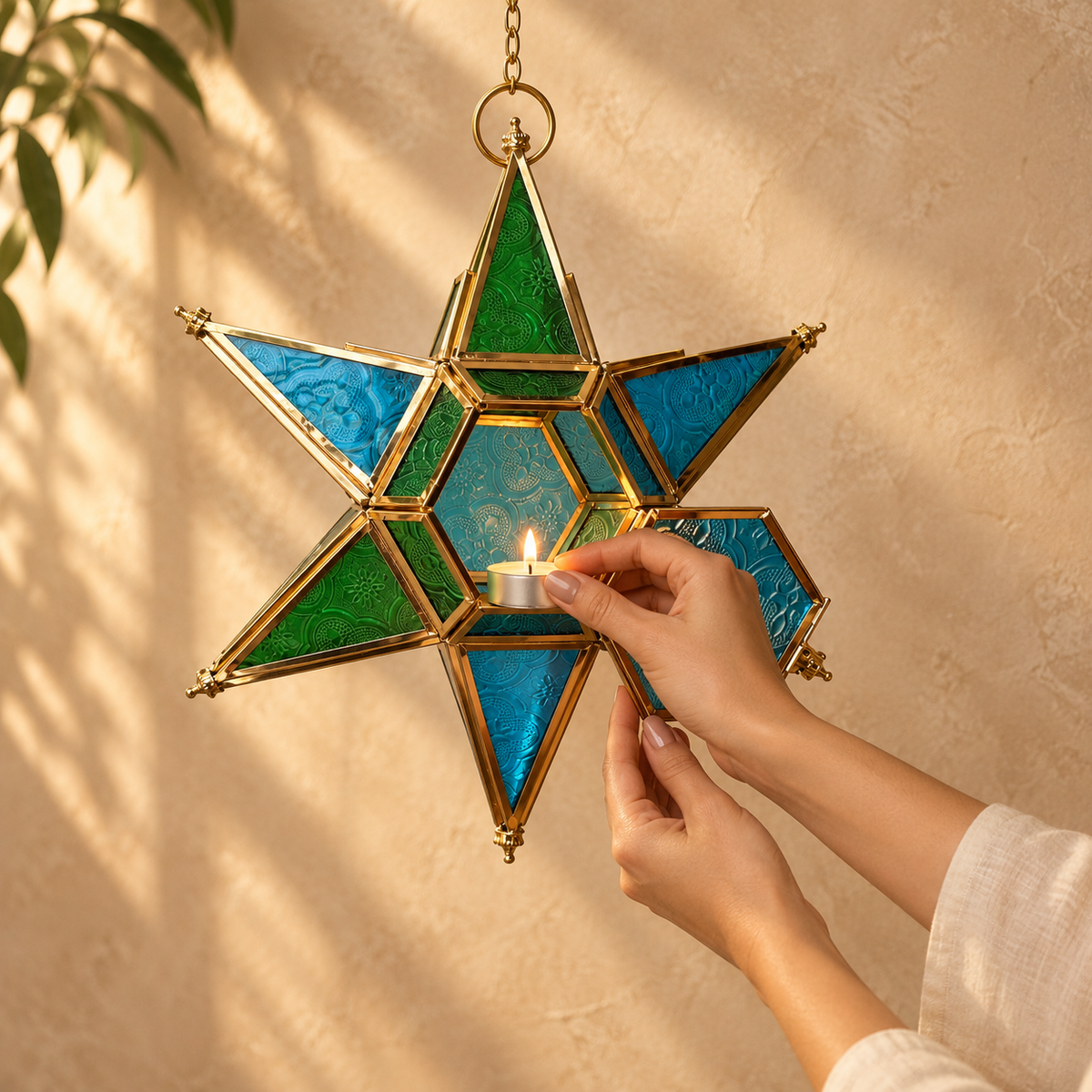 Handcrafted blue and green stained glass hanging star lantern with brass frame, shown with a tealight candle for elegant indoor home décor.