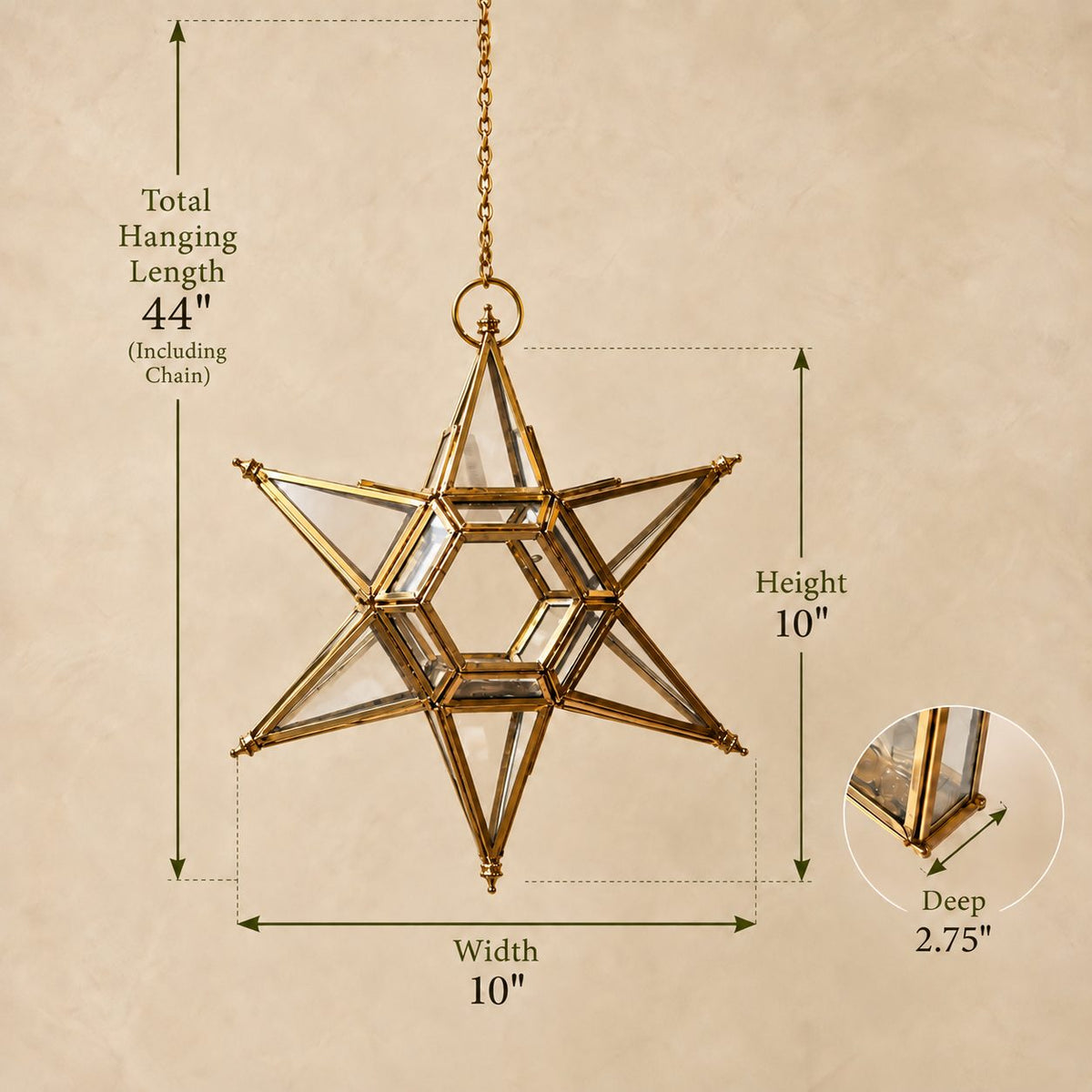 Dimensions of handcrafted brass hanging star lantern measuring 10 inches high, 10 inches wide, 2.75 inches deep with 44-inch hanging chain.