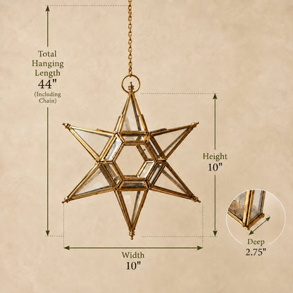 Dimensions of handcrafted brass hanging star lantern measuring 10 inches high, 10 inches wide, 2.75 inches deep with 44-inch hanging chain.