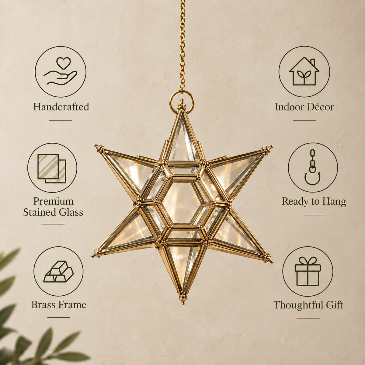 Handcrafted brass hanging star lantern with premium stained glass, ready-to-hang indoor décor featuring handcrafted craftsmanship and thoughtful gift design.