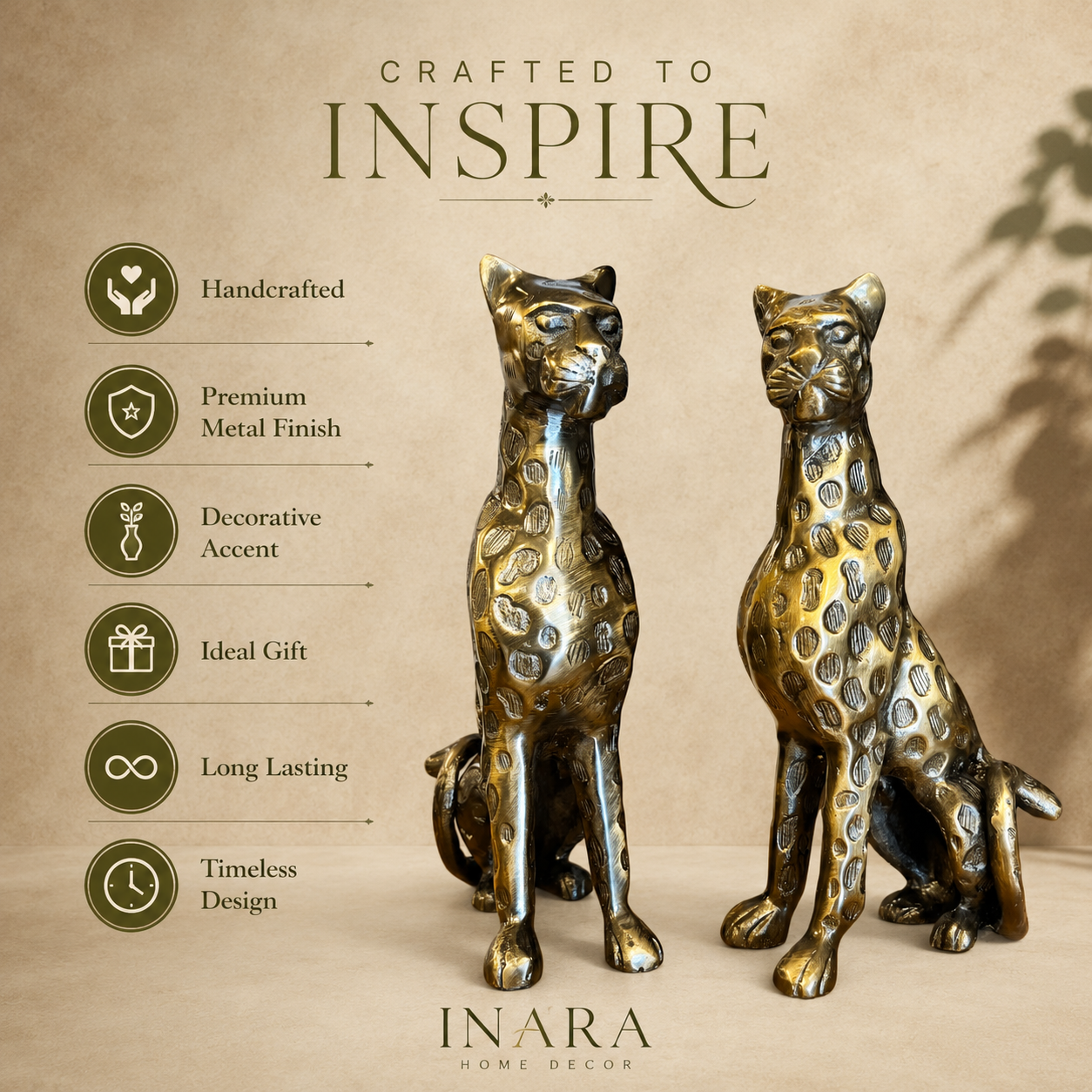 Features infographic showcasing a pair of handcrafted brass leopard sculptures with premium metal finish, highlighting handcrafted craftsmanship, decorative appeal, ideal gifting, long-lasting quality, and timeless design by Inara Home Decor.