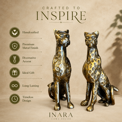 Features infographic showcasing a pair of handcrafted brass leopard sculptures with premium metal finish, highlighting handcrafted craftsmanship, decorative appeal, ideal gifting, long-lasting quality, and timeless design by Inara Home Decor.