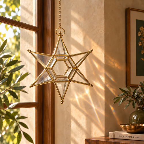 Handcrafted brass hanging star lantern displayed beside a sunlit window, adding elegant indoor décor with beautiful natural light reflections.
