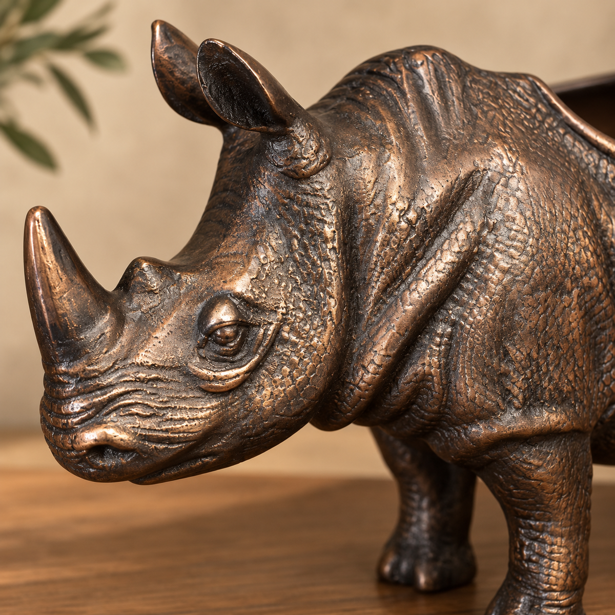 Close-up of the handcrafted rhinoceros head showing the premium bronze finish and intricate artisan detailing.
