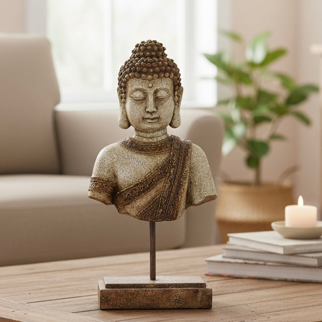 Close-up of a weathered-style Buddha bust on a wooden table, featuring intricate robe details and a calm expression.