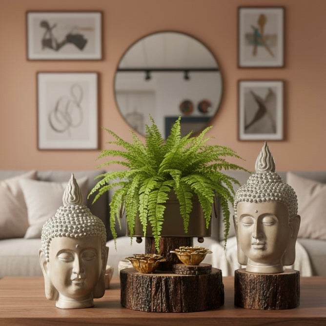 Two identical handcrafted Buddha head figurines displayed on rustic wooden blocks with a lush green fern and gold lotus accents against a warm-toned wall.