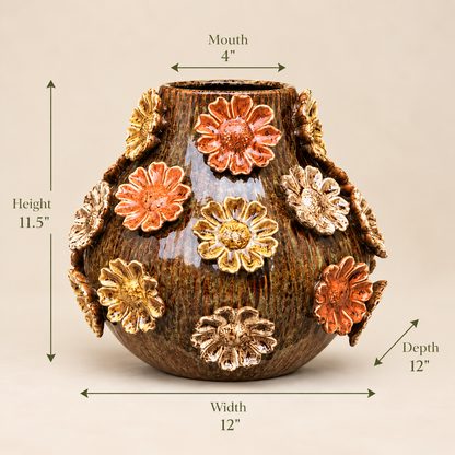 Handcrafted floral ceramic vase with 3D flowers, 11.5 inch height and 12 inch width