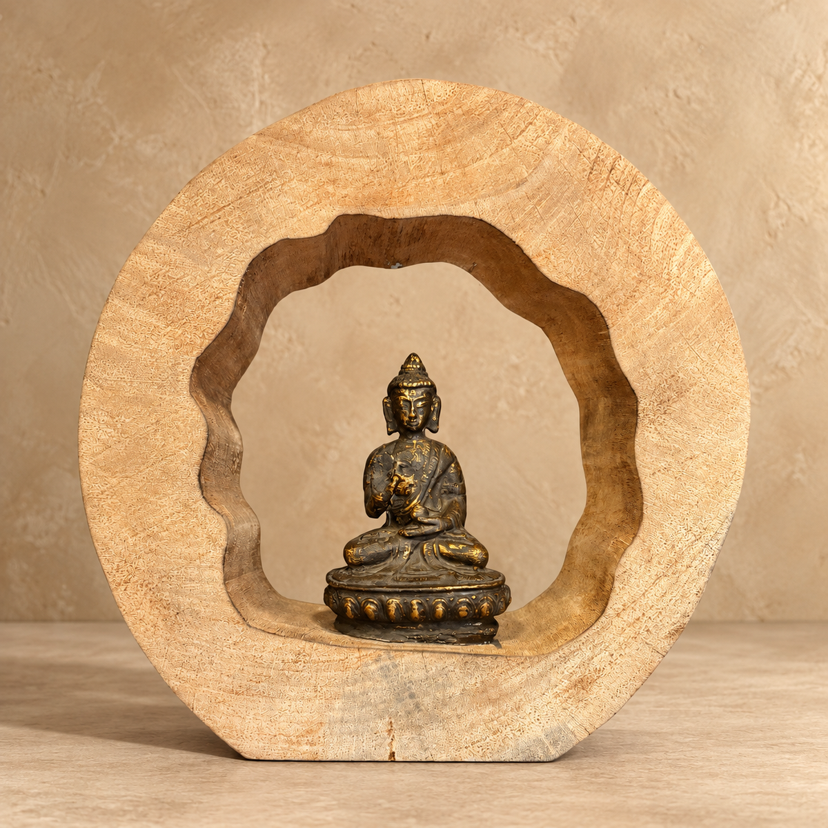Handcrafted natural wood Buddha meditation sculpture with a contemporary circular design, ideal for meditation spaces, shelves, consoles, and luxury home décor.