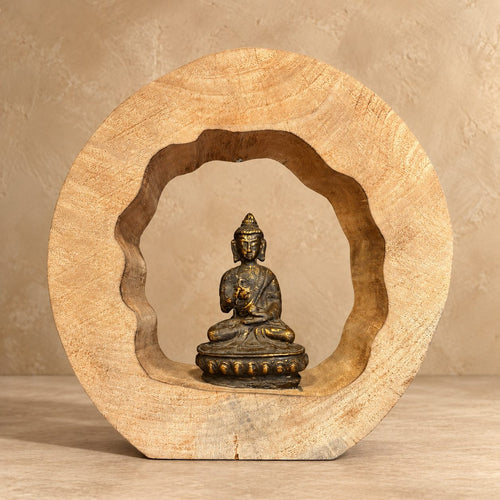 Handcrafted natural wood Buddha meditation sculpture with a contemporary circular design, ideal for meditation spaces, shelves, consoles, and luxury home décor.