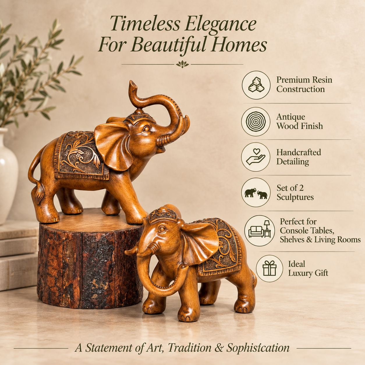 Handcrafted resin elephant sculpture set with antique wood finish showcasing premium features including handcrafted detailing, luxury gift appeal, and elegant home décor by Inara.
