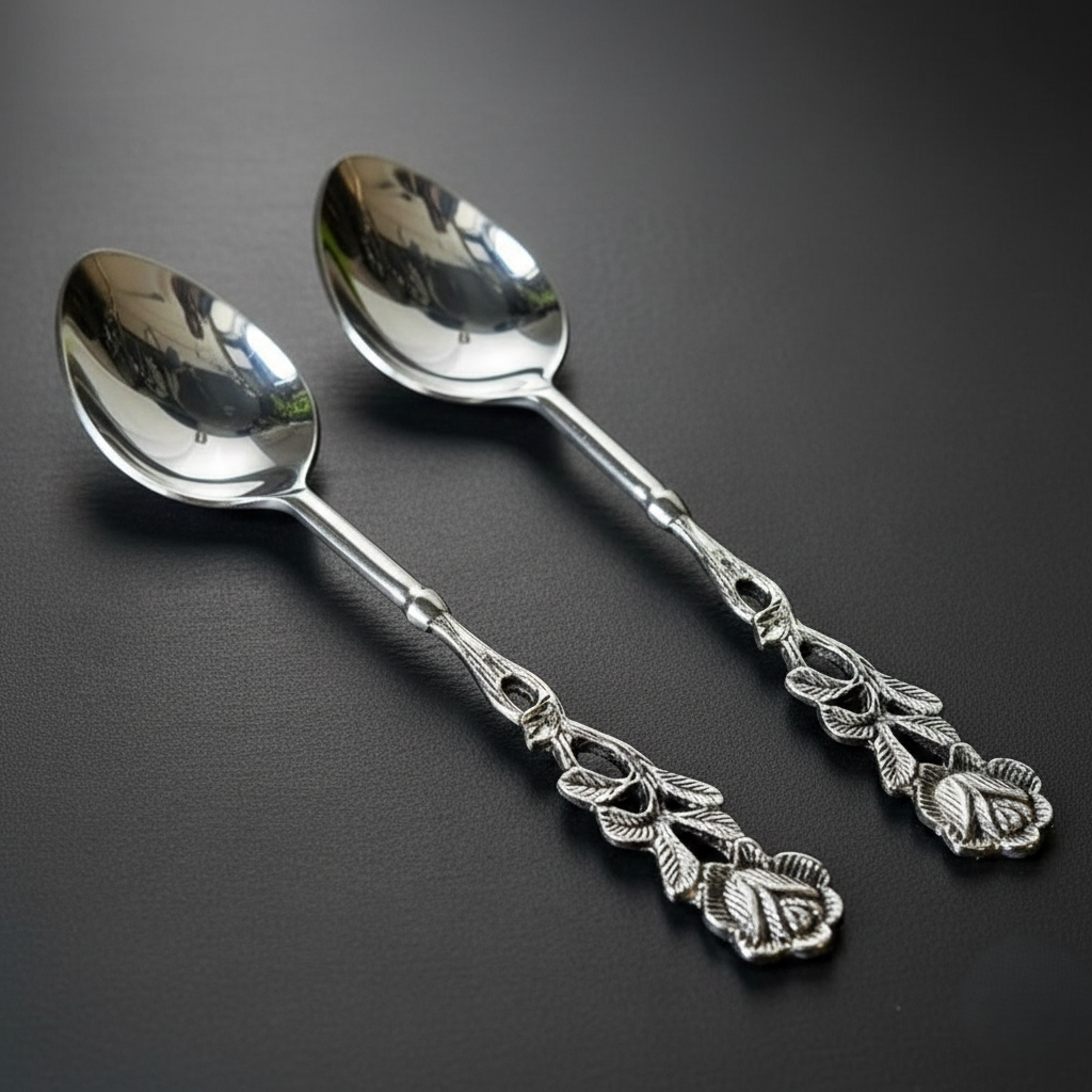 A pair of handcrafted silver dessert spoons featuring detailed rose and leaf relief handles, isolated on a white background.
