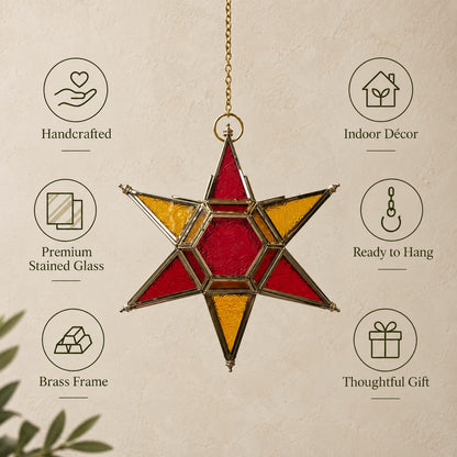 Premium handcrafted stained glass star lantern featuring brass frame, indoor décor design, and ready-to-hang construction.