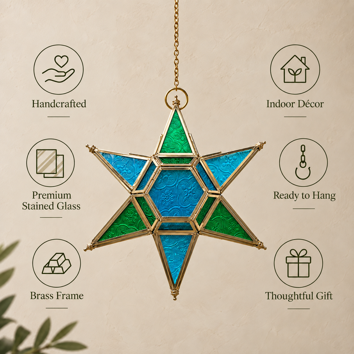 Handcrafted hanging star lantern featuring premium stained glass, brass frame, ready-to-hang design, and elegant indoor décor styling.