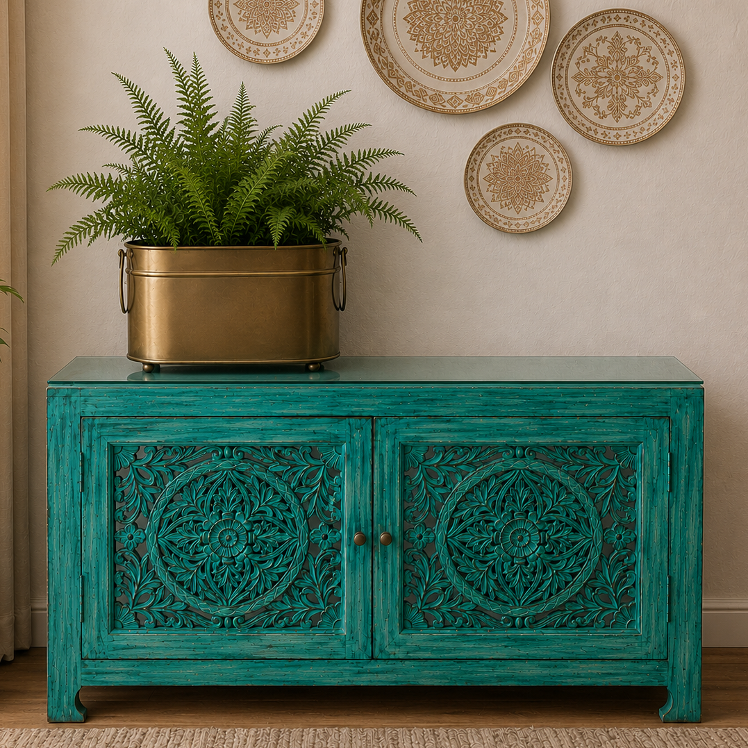Handcrafted turquoise wooden console with intricate carved doors styled with a vintage brass planter and lush fern in a luxury living room featuring decorative wall plates