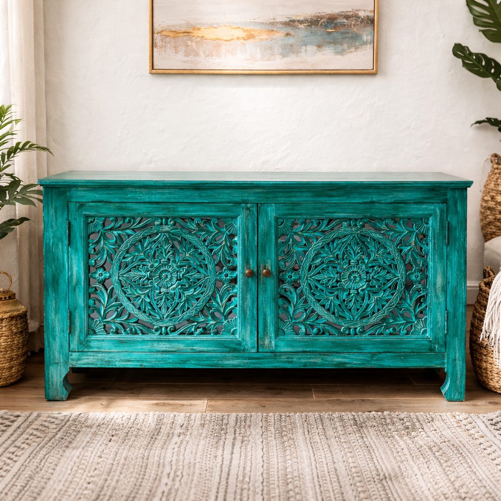 Square lifestyle image of a distressed turquoise wooden cabinet with intricate hand-carved mandala panels and brass knobs, styled against a neutral wall with full product visibility.