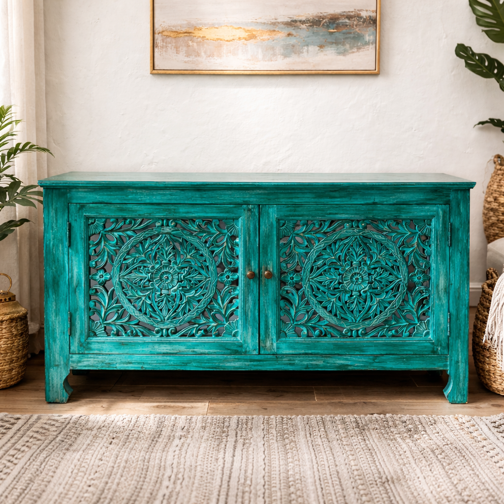 Square lifestyle image of a distressed turquoise wooden cabinet with intricate hand-carved mandala panels and brass knobs, styled against a neutral wall with full product visibility.