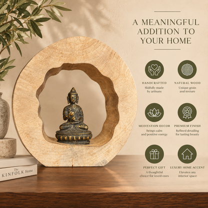 Handcrafted natural wooden Buddha meditation sculpture featuring premium finish, luxury home accent, meditation décor, and thoughtful gift for modern interiors.