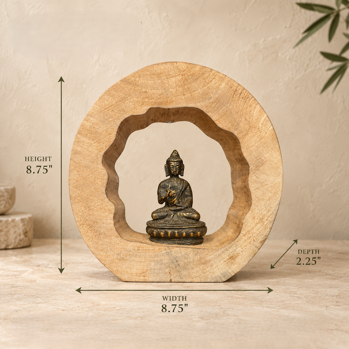 Dimensions of handcrafted wooden Buddha meditation sculpture measuring 8.75 inches height, 8.75 inches width, and 2.25 inches depth.