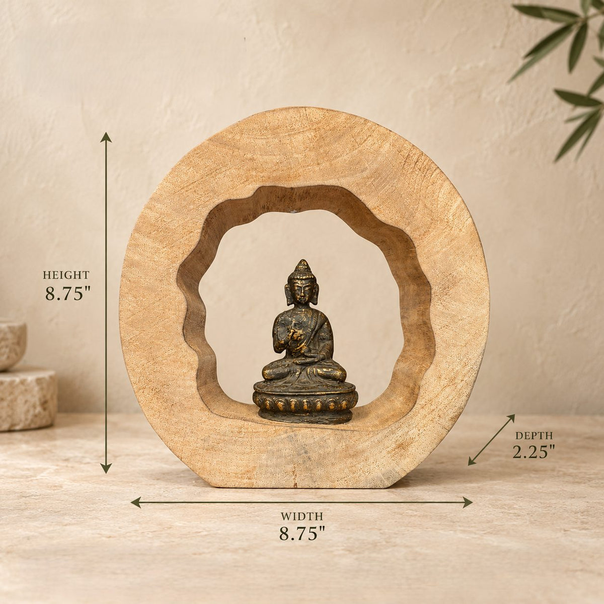 Dimensions of handcrafted wooden Buddha meditation sculpture measuring 8.75 inches height, 8.75 inches width, and 2.25 inches depth.