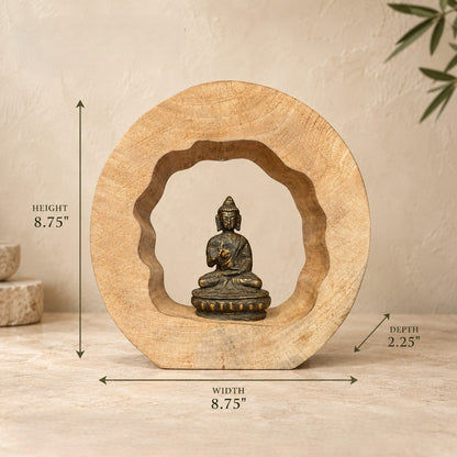 Dimensions of handcrafted wooden Buddha meditation sculpture measuring 8.75 inches height, 8.75 inches width, and 2.25 inches depth.