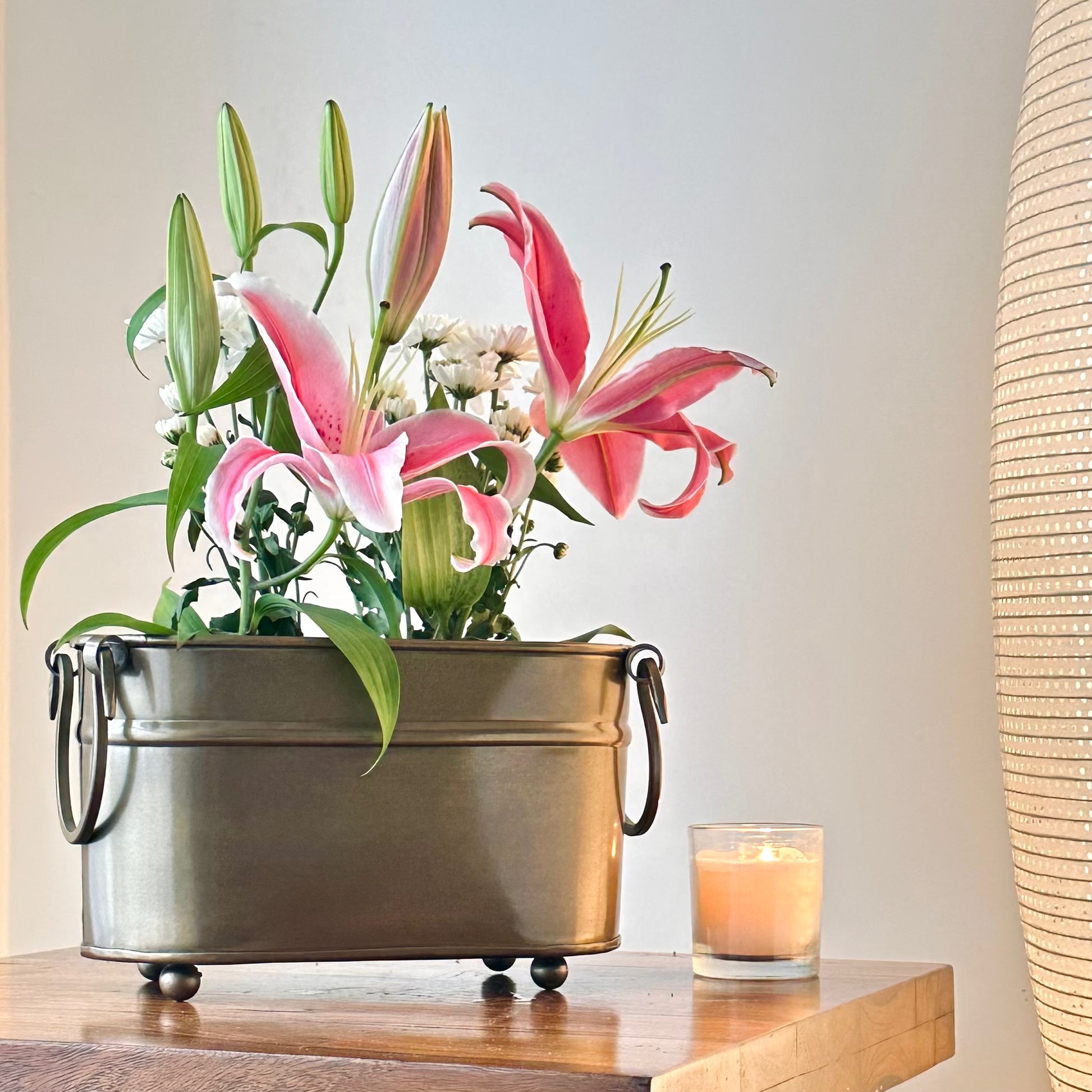 Handmade vintage brass rectangular metal indoor planter with floral arrangement, premium indoor planter for elegant living room styling