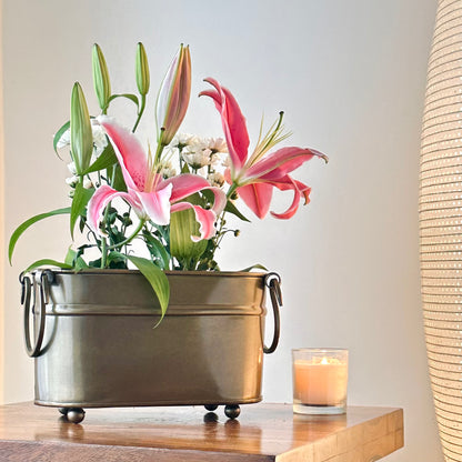 Handmade vintage brass rectangular metal indoor planter with floral arrangement, premium indoor planter for elegant living room styling