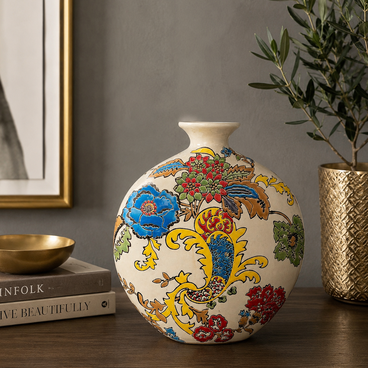 Regal Bloom Artisanal Ceramic Vase – A Masterpiece of Colour & Craft: Bursting with bold florals and intricate patterns, this hand-painted | INARA