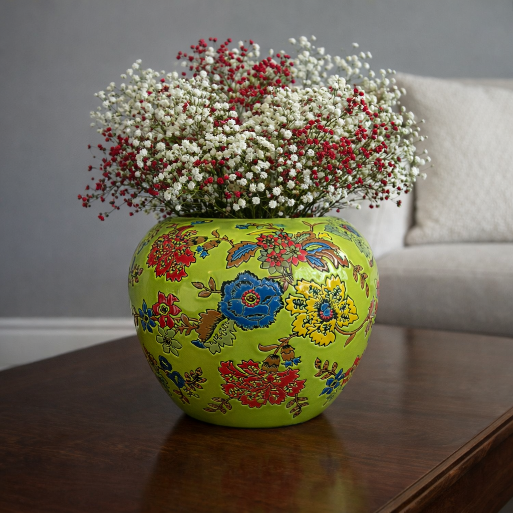 Hand-painted green floral ceramic vase with white and red baby’s breath flowers placed on a dark polished wood coffee table against a grey wall.