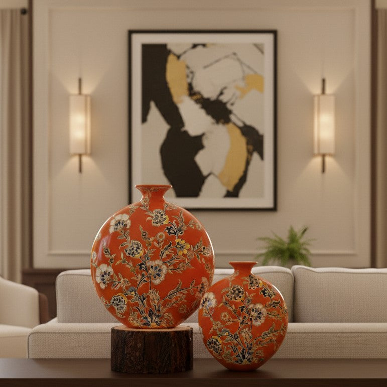 Coral Blossom Harmony Ceramic Vase – Inspired by Nature’s Joy: These round, hand-painted ceramic vases are adorned with blooming floral | INARA