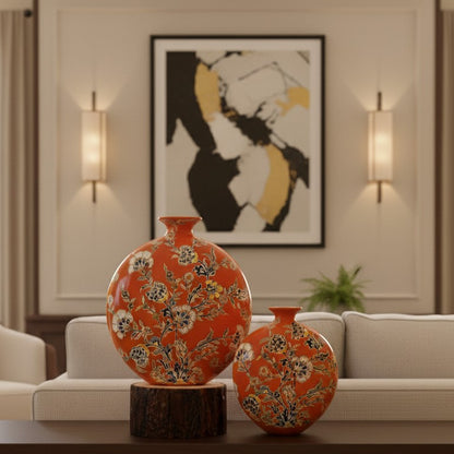 Coral Blossom Harmony Ceramic Vase – Inspired by Nature’s Joy: These round, hand-painted ceramic vases are adorned with blooming floral | INARA