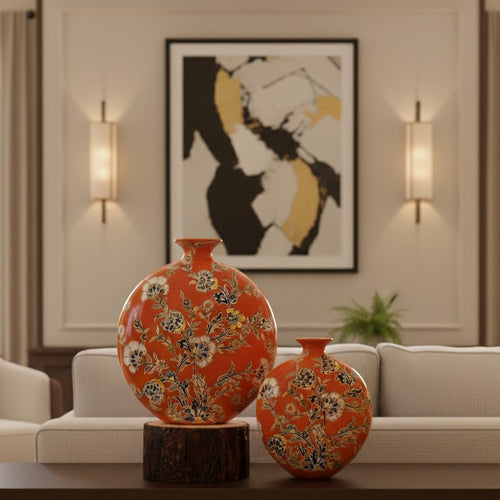 Coral Blossom Harmony Ceramic Vase – Inspired by Nature’s Joy: These round, hand-painted ceramic vases are adorned with blooming floral | INARA