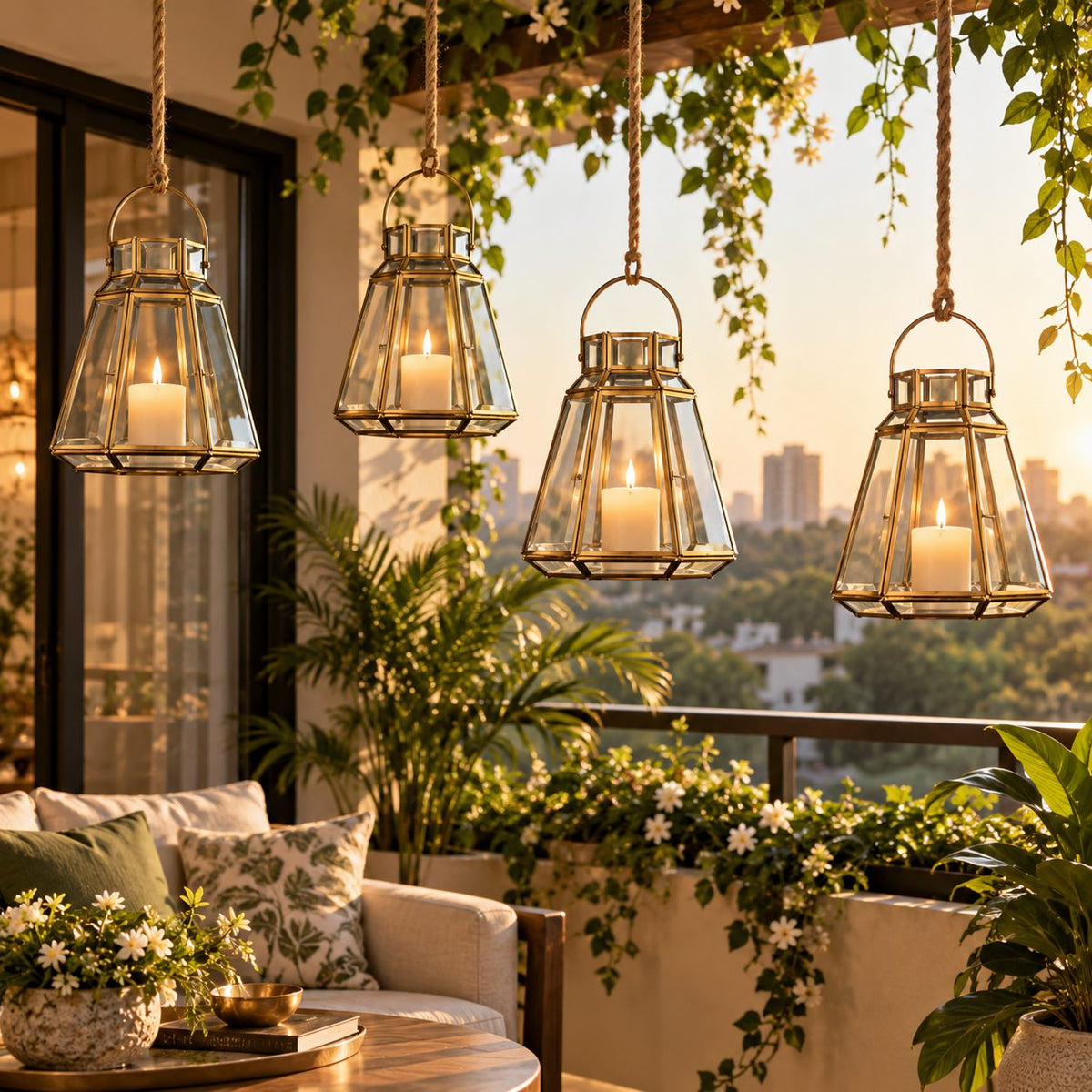 Handcrafted brass and clear glass hanging lanterns with lit pillar candles suspended by natural jute rope on a luxury balcony, creating a warm outdoor ambiance. Decorative geometric lanterns ideal for indoor and sheltered outdoor home décor by Inara Home Decor.