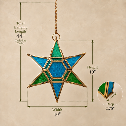 Dimensions of handcrafted stained glass hanging star lantern measuring 10 inches high, 10 inches wide, 2.75 inches deep, with 44-inch hanging length including chain.