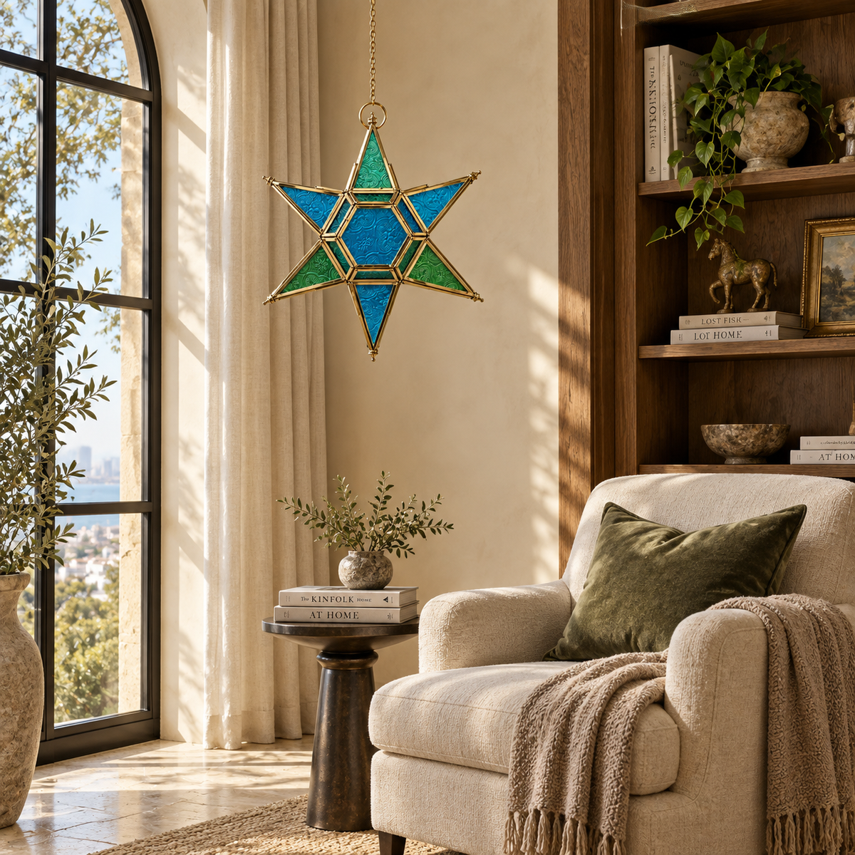 Handcrafted blue and green stained glass hanging star lantern displayed in a luxury living room with natural sunlight, premium decorative hanging lantern by Inara Home Decor.