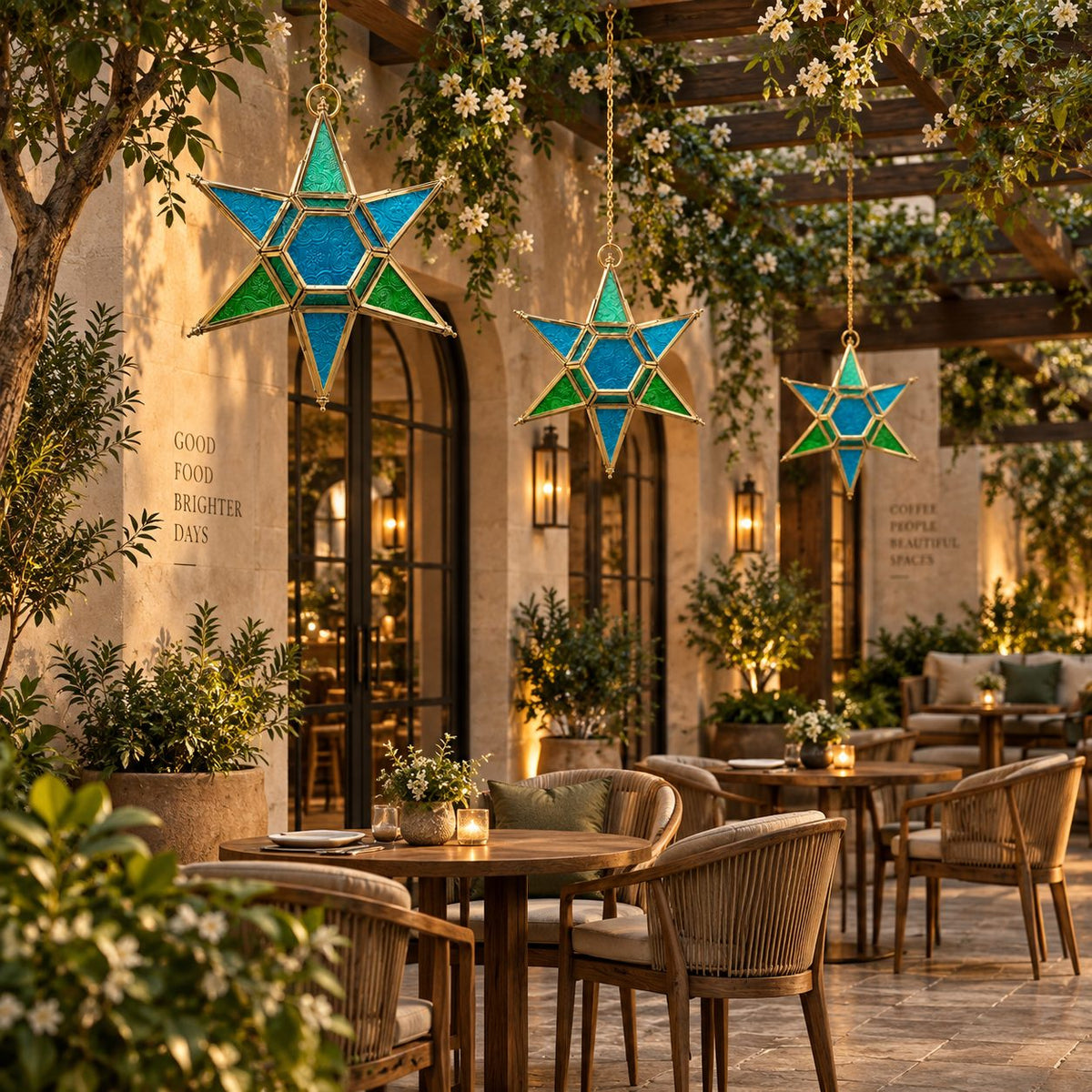 Blue and green stained glass hanging star lantern suspended beneath a luxury outdoor pergola in a premium patio setting, decorative handcrafted hanging lantern by Inara Home Decor.