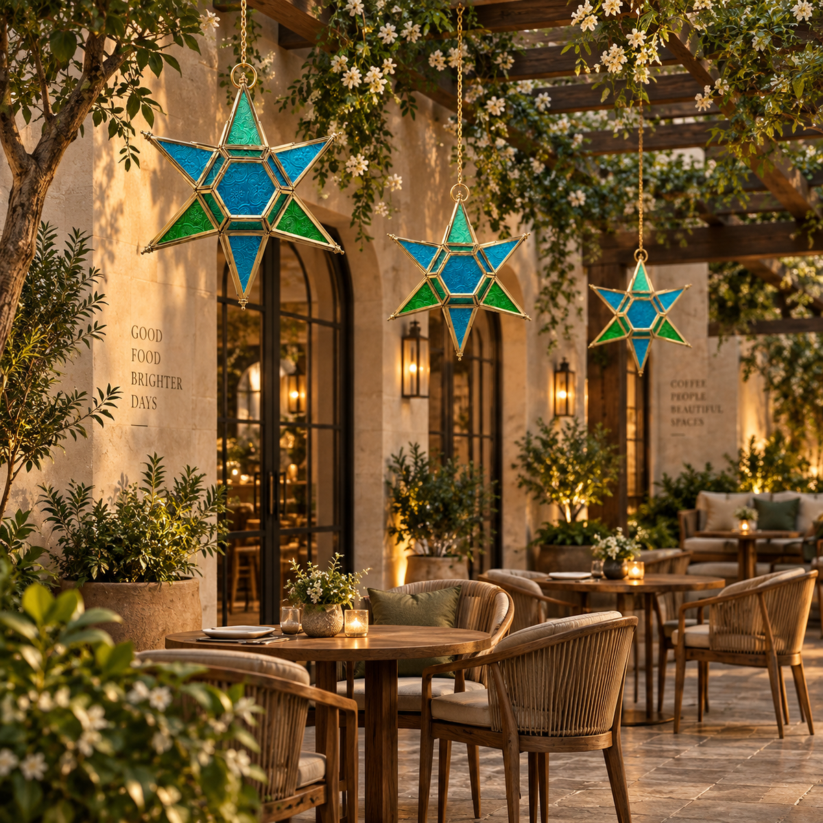 Blue and green stained glass hanging star lantern suspended beneath a luxury outdoor pergola in a premium patio setting, decorative handcrafted hanging lantern by Inara Home Decor.