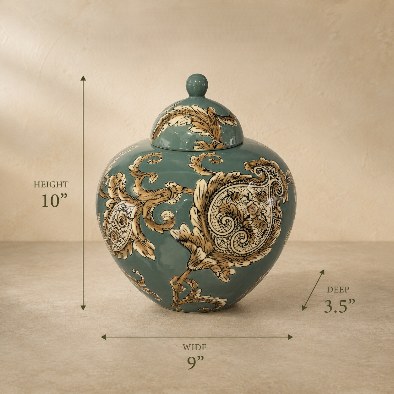 Dimensions of the heritage bloom ceramic decorative ginger jar: 10 inches high, 9 inches wide, and 3.5 inches deep.