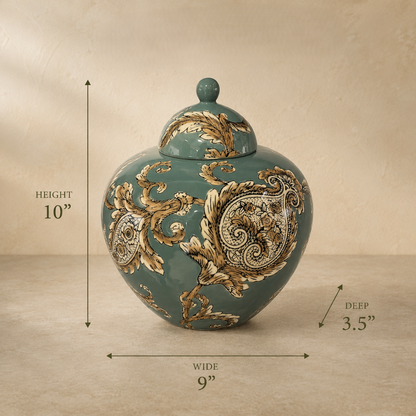 Dimensions of the heritage bloom ceramic decorative ginger jar: 10 inches high, 9 inches wide, and 3.5 inches deep.
