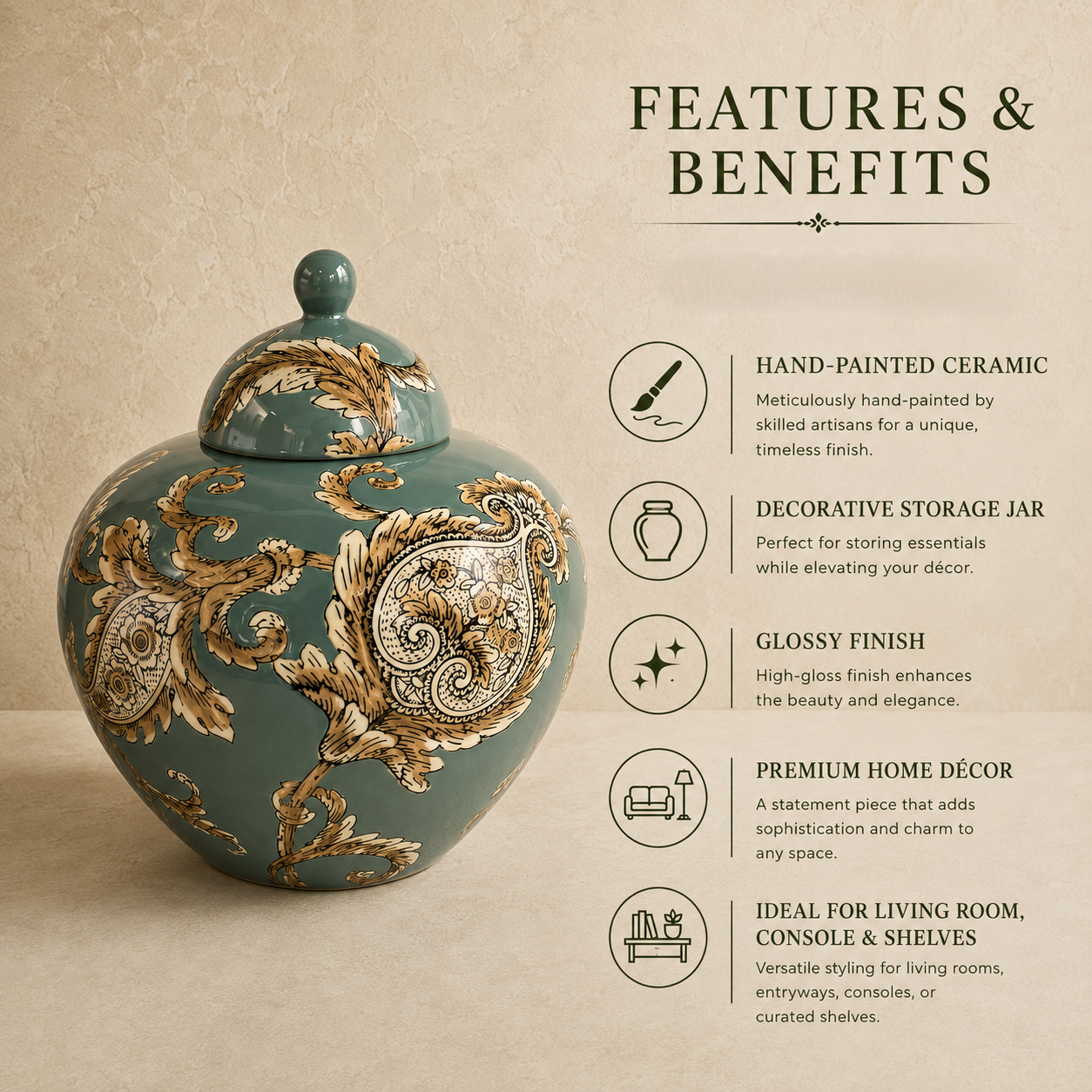 Features and benefits of the Imperial Sage ceramic decorative ginger jar including hand-painted ceramic, glossy finish, decorative storage, and luxury home décor styling.
