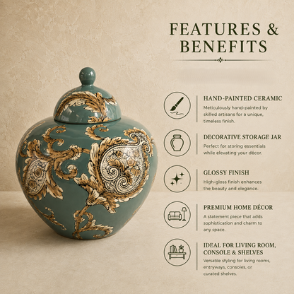 Features and benefits of the Imperial Sage ceramic decorative ginger jar including hand-painted ceramic, glossy finish, decorative storage, and luxury home décor styling.