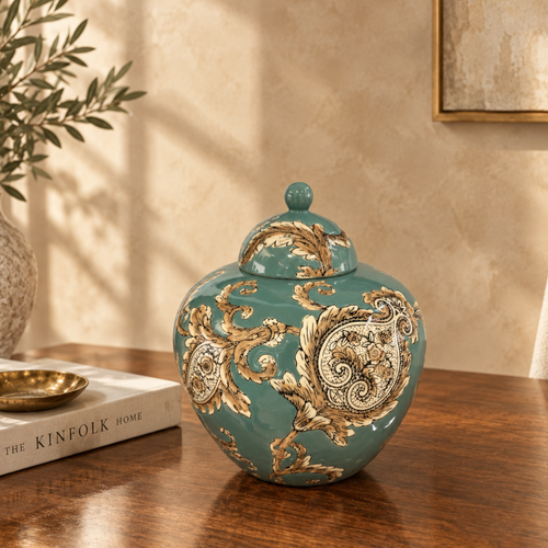 Heritage bloom hand-painted with paisley design ginger jar on a wooden table.
