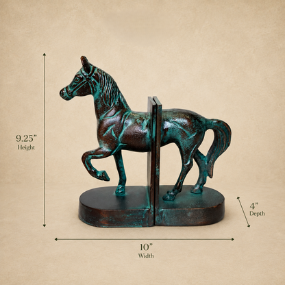 Horse Bookends Dimensions – Luxury Metal Decorative Bookends, 9.25" Height × 10" Width × 4" Depth, Verdigris Finish | Inara Home Decor