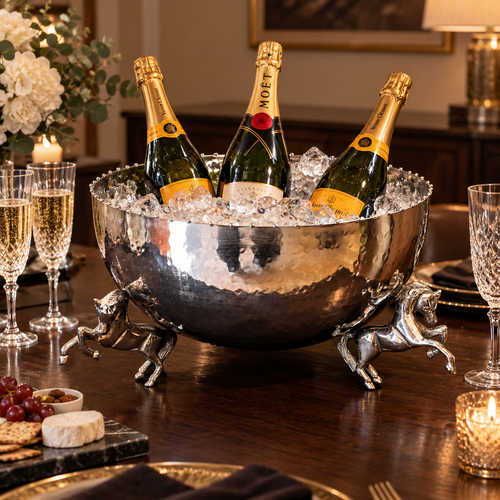 Luxury hammered metal horse leg bowl used as an elegant champagne and wine cooler filled with ice for entertaining and celebrations.