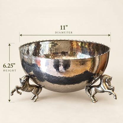 Dimensions of the handcrafted silver decorative horse leg bowl measuring 11-inch diameter and 6.25-inch height.