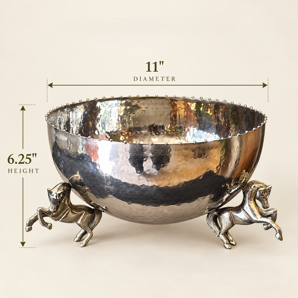 Dimensions of the handcrafted silver decorative horse leg bowl measuring 11-inch diameter and 6.25-inch height.