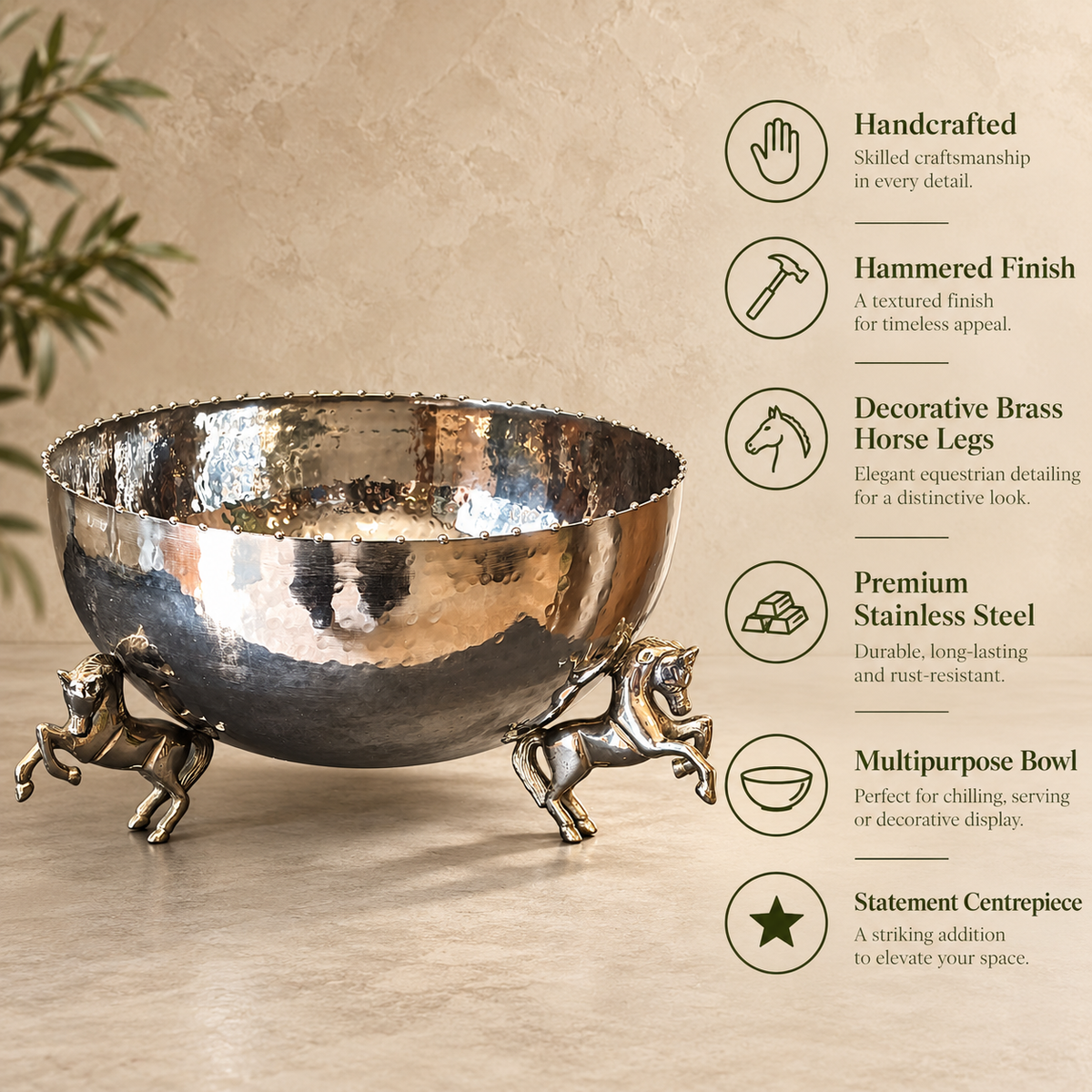 Handcrafted hammered stainless steel decorative bowl featuring sculptural brass horse legs, multipurpose serving bowl and luxury home décor centerpiece.